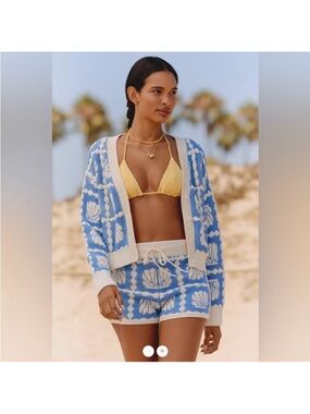Anthropologie Blue & White Shell Knit Cardigan and Shorts Set